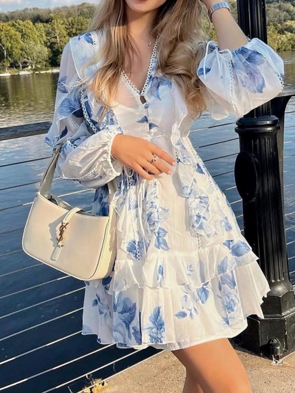 ASOS DESIGN Floral Mini Dress in White & Blue